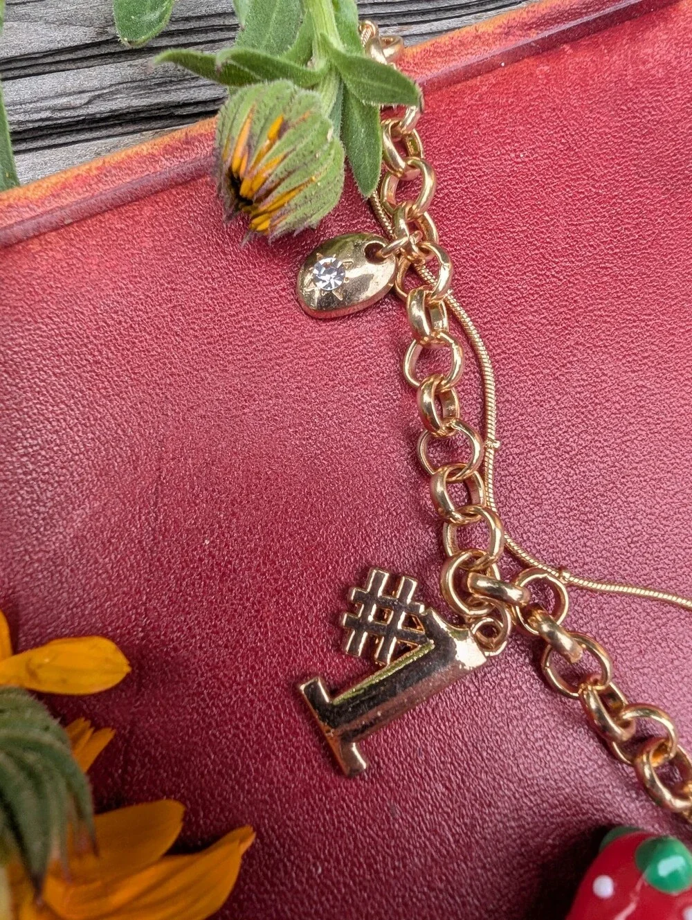 Gold-Tone Charm Necklace with Red Strawberry and Glass Heart
